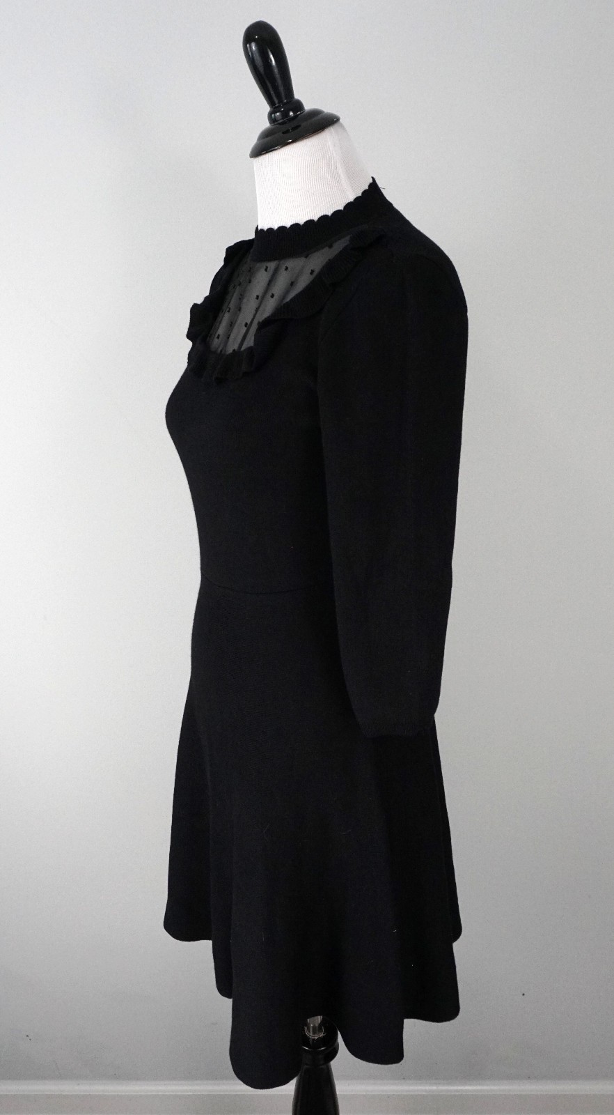 New Draper James Black Knit 3/4 Sleeve Sheer A-Line Sweater Dress Size Small
