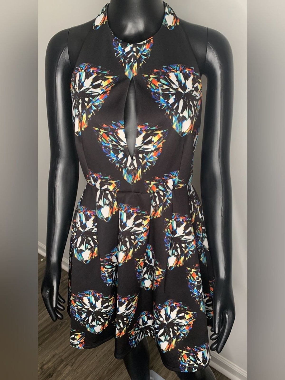 DO+BE Black Strapless Fit-and-Flare Dress with Multicolor Gem Print