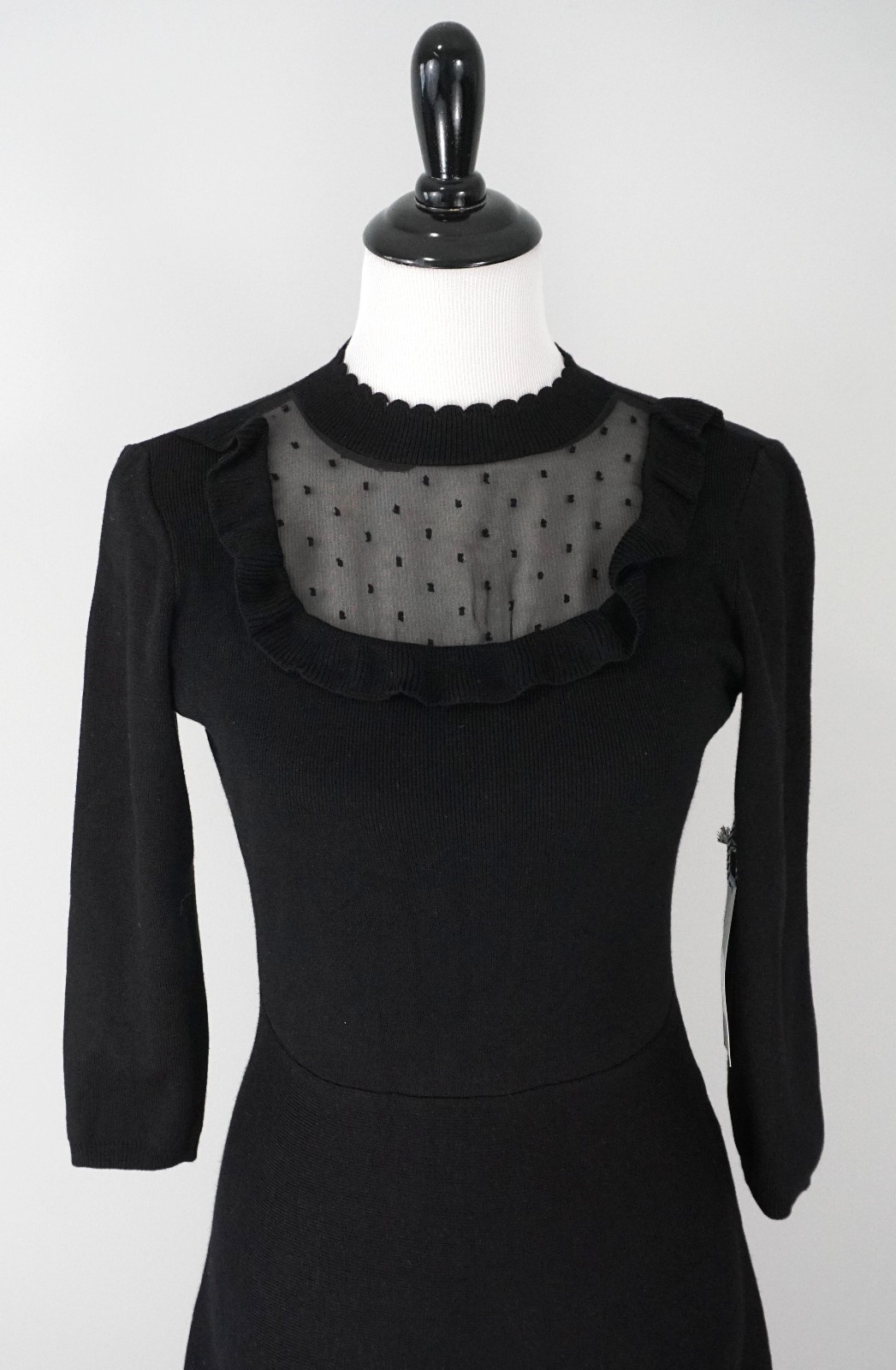 New Draper James Black Knit 3/4 Sleeve Sheer A-Line Sweater Dress Size Small