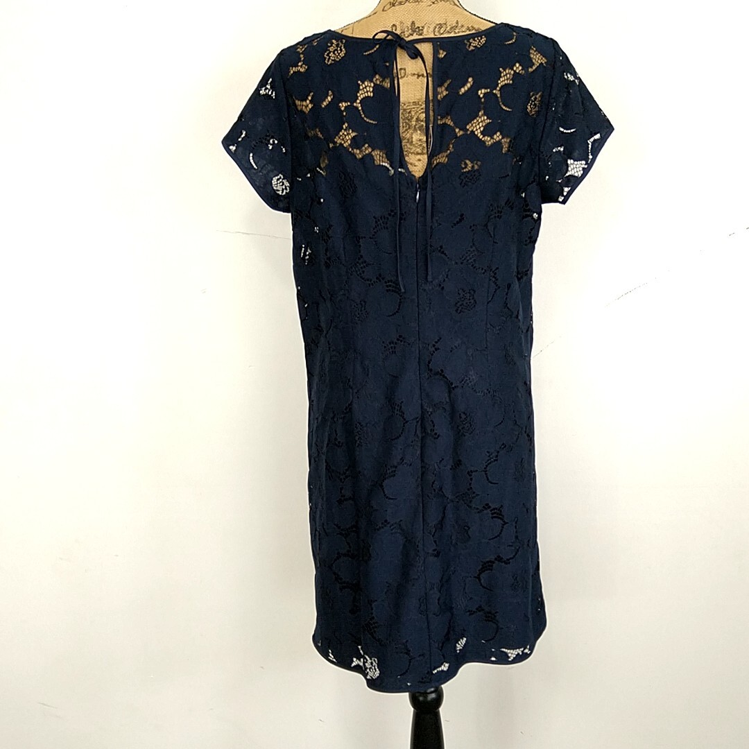 NWT Loft Womens 12 Shift Dress Blue Lace Sheer Neck Short Slv Keyhole Tie Back