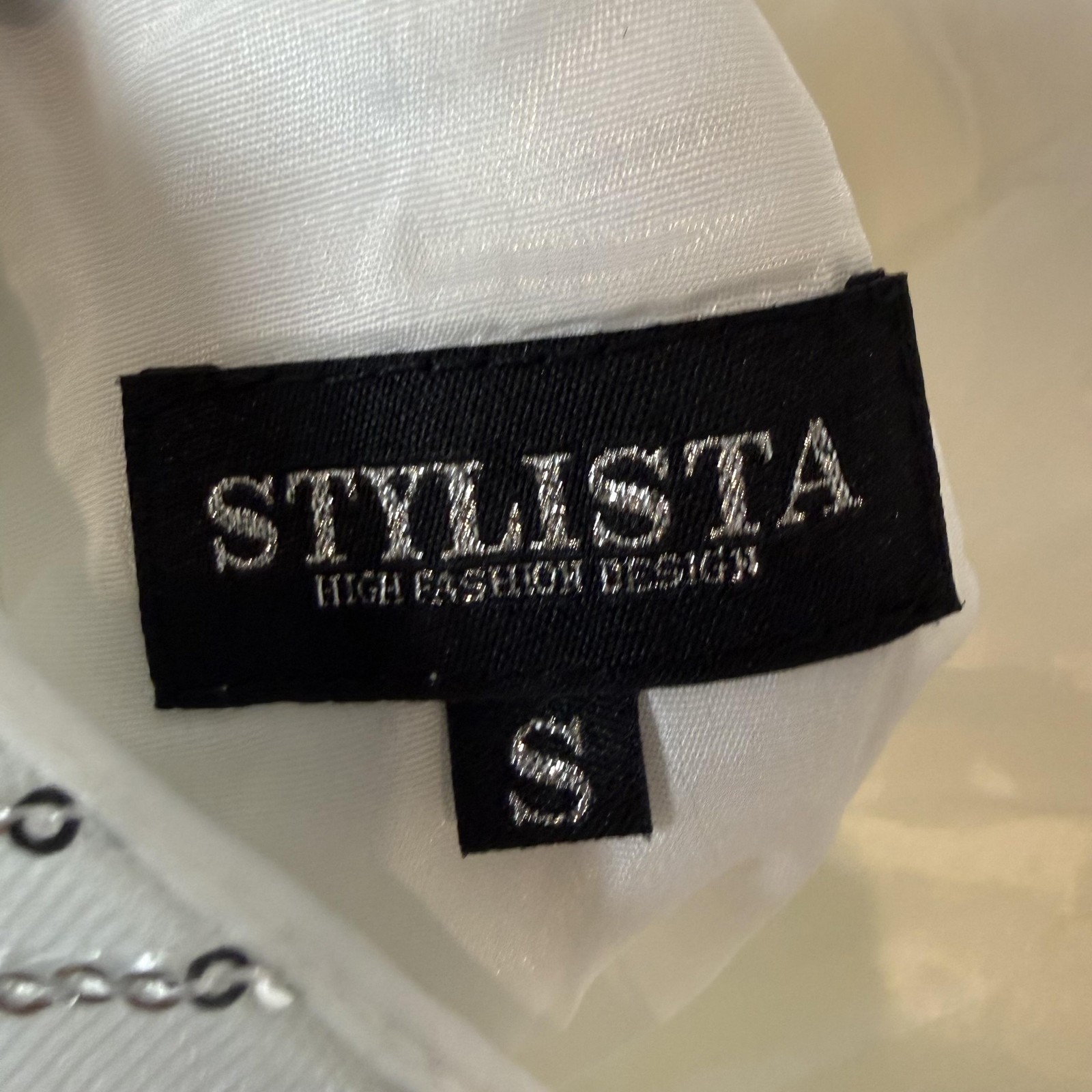 Stylista Dress Womens Small White Sequin Mesh Mock Neck Cutout Bodycon Mini