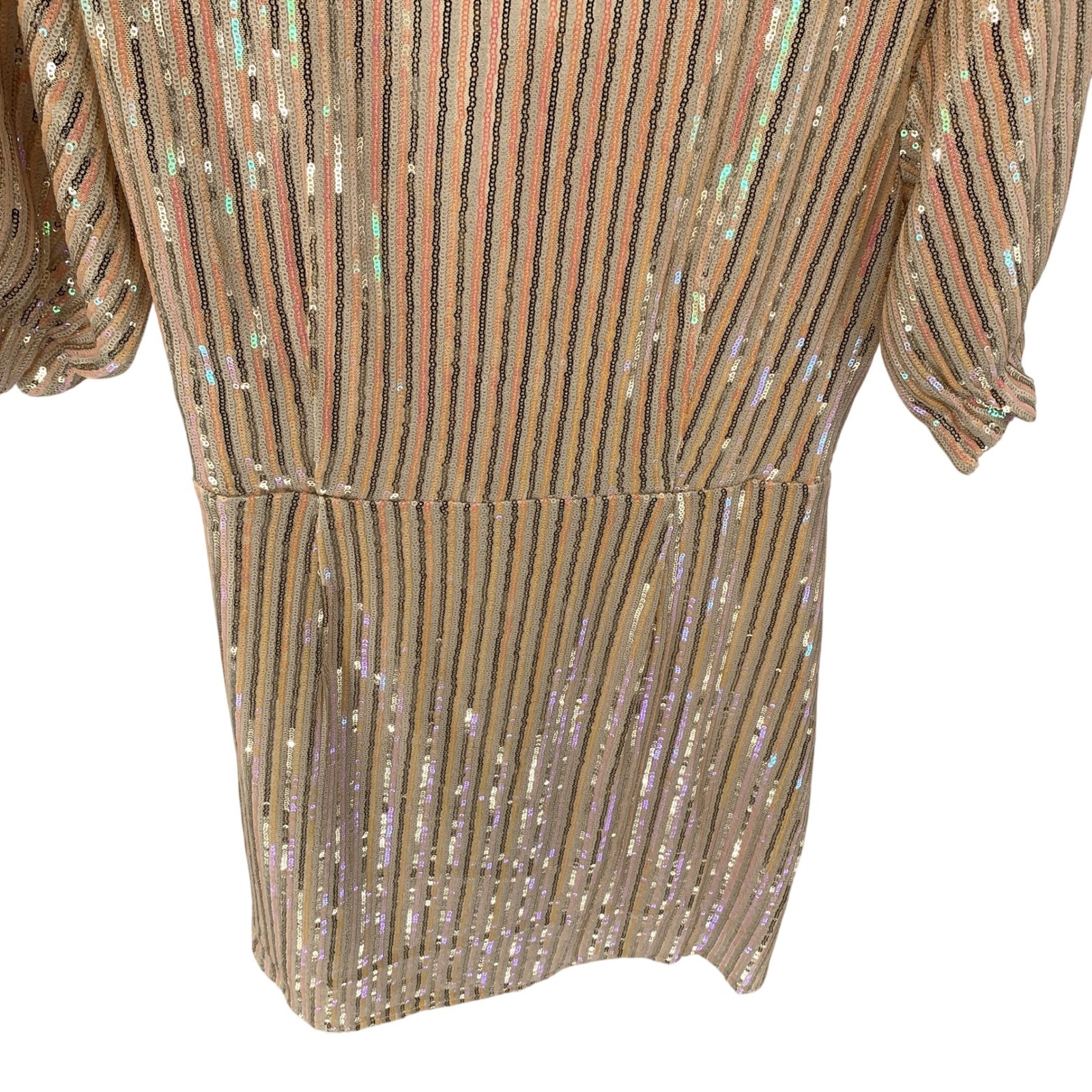 Endless Rose Sequin Striped Wrap Dress Gold Iridescent V-Neck Puff Sleeve Large