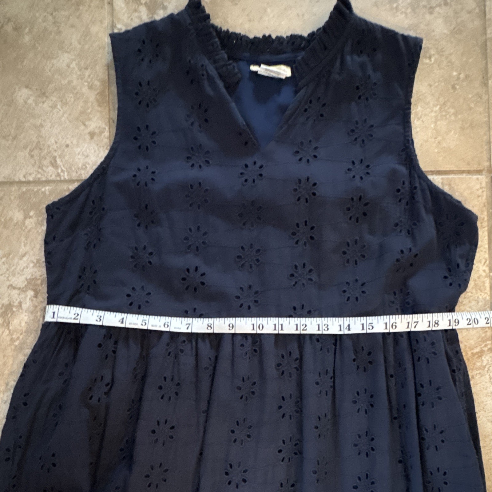 Sweet Magnolia Solid Navy Eyelet A-Line Midi Dress V-Neck Ruffle Lined L