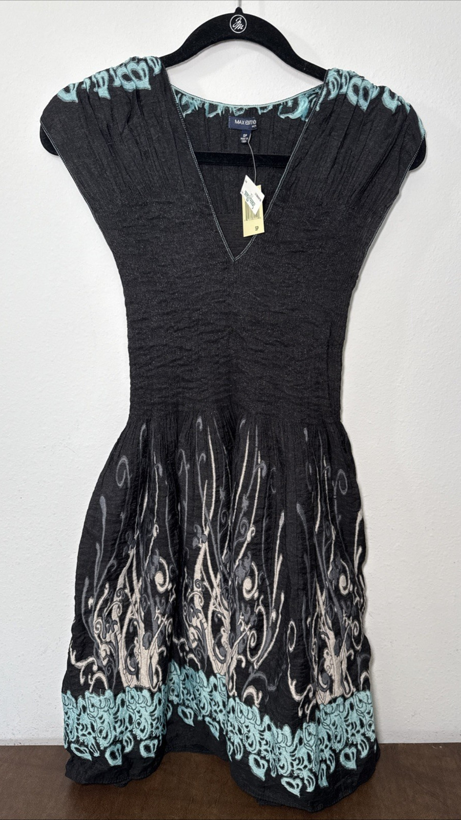 NWT Max Edition Black Multi Stretch Smocked Fit And Flare Dress Sz Petite Small