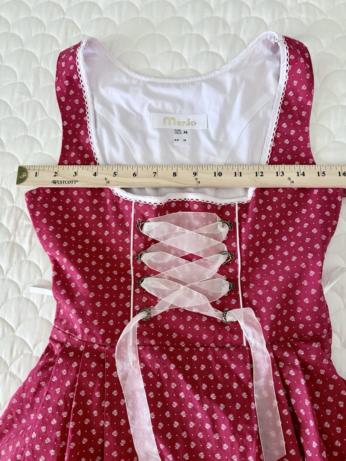 MarJo German Mini Dirndl Dress Red Floral Corset Lace Up Trachten Size EU 36 / S