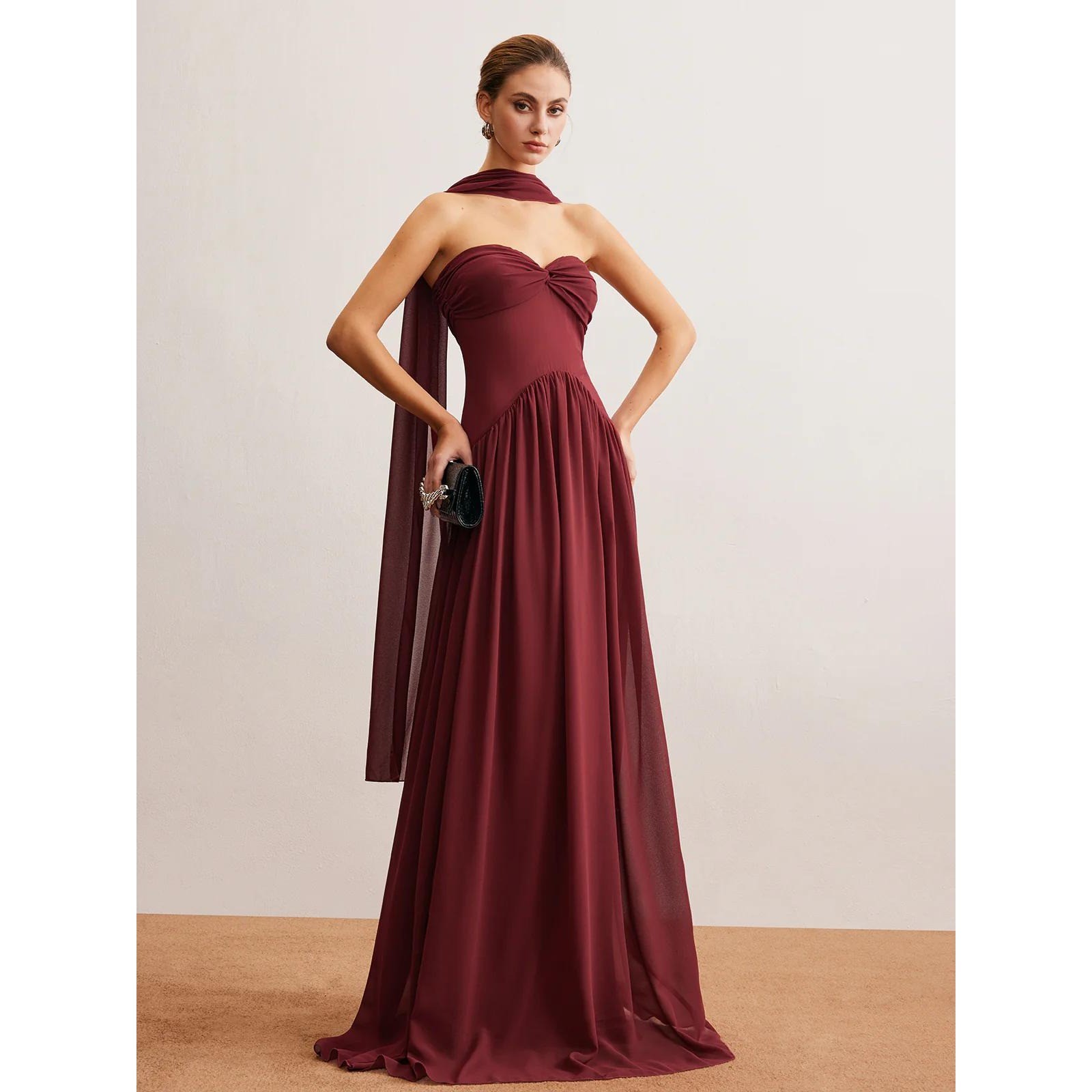 Commense Burgundy Chiffon Strapless Maxi Dress Formal Gown Elegant Party M US 6