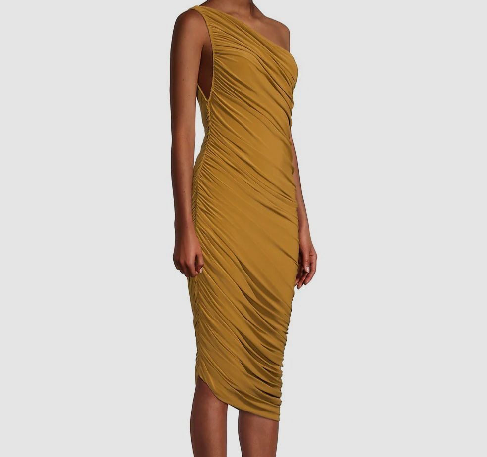 $205 Norma Kamali Diana Womens Gold Diana Ruched One-Shoulder Midi-Dress Sz S/36