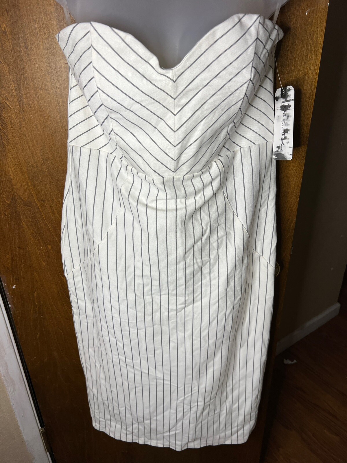Strapless Pin Stripe Stretch Zip Back Bodycon Pencil Dress NWT Large