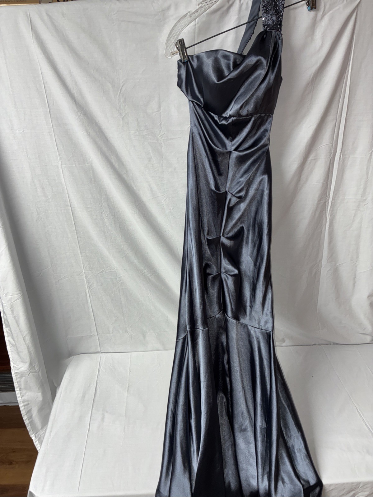 Blondie Nites by Stacy Sklar Blue Satin Gown – Size 5, One-Shoulder Mermaid Fit