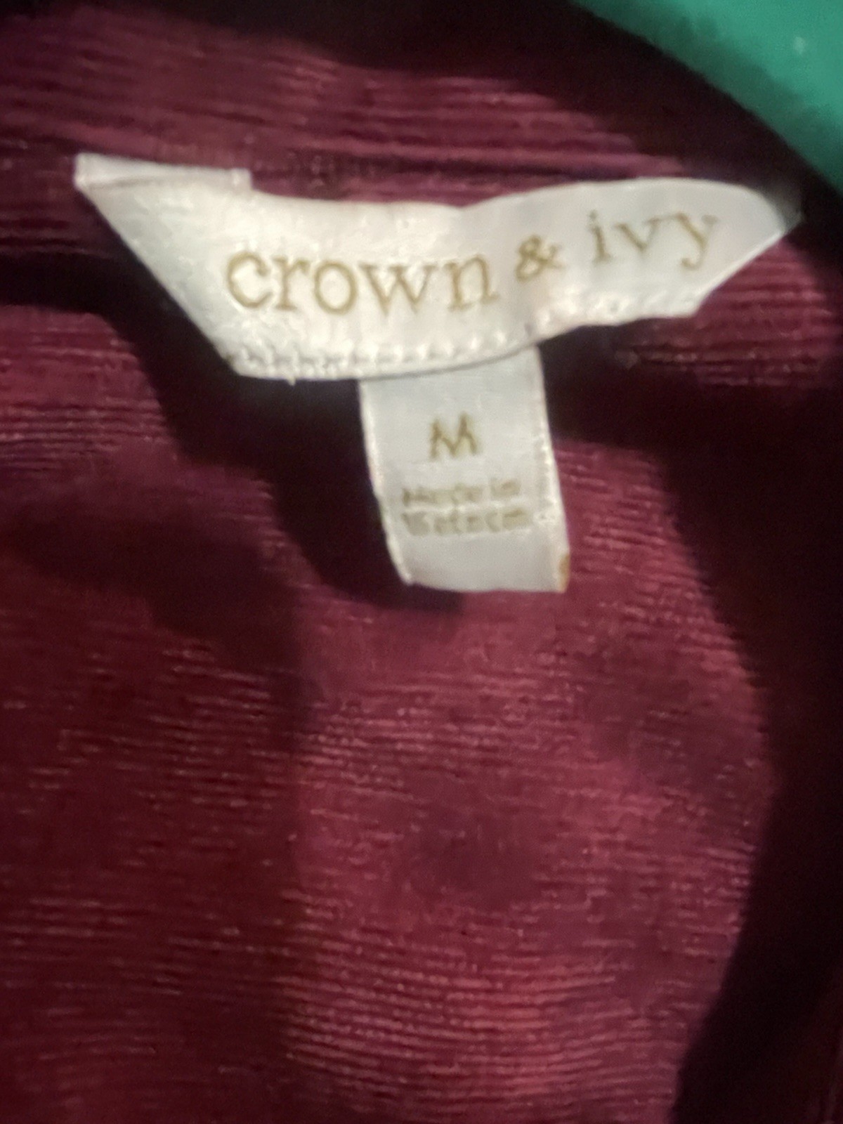 Crown & Ivy Burgundy Belted Collared Midi Shirt Dress Short Puff Sleeve Size M