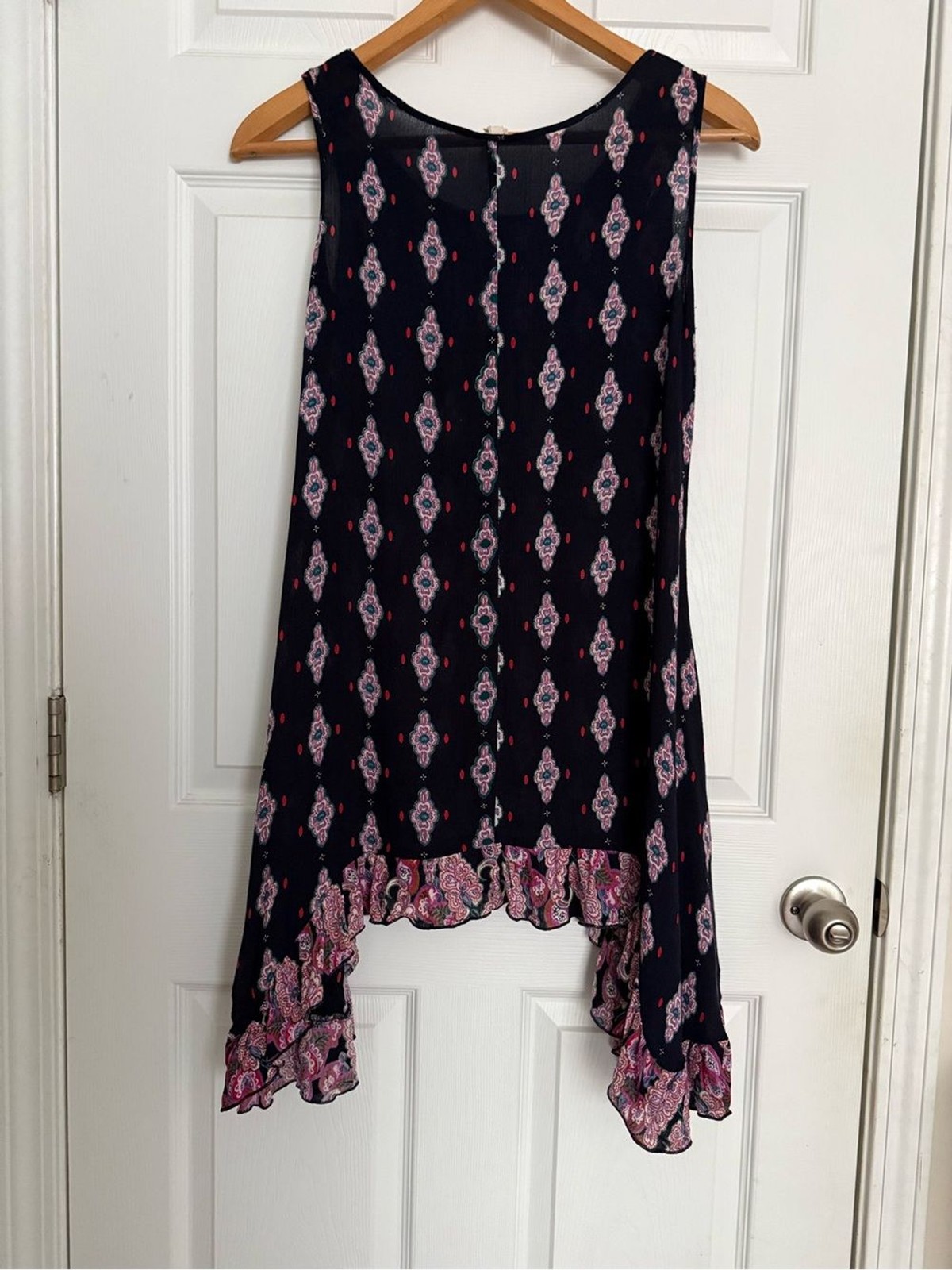RAGA XS Embroidered Semi Sheer Navy Dress Floral Boho Whimsygoth Sharkbite Hem