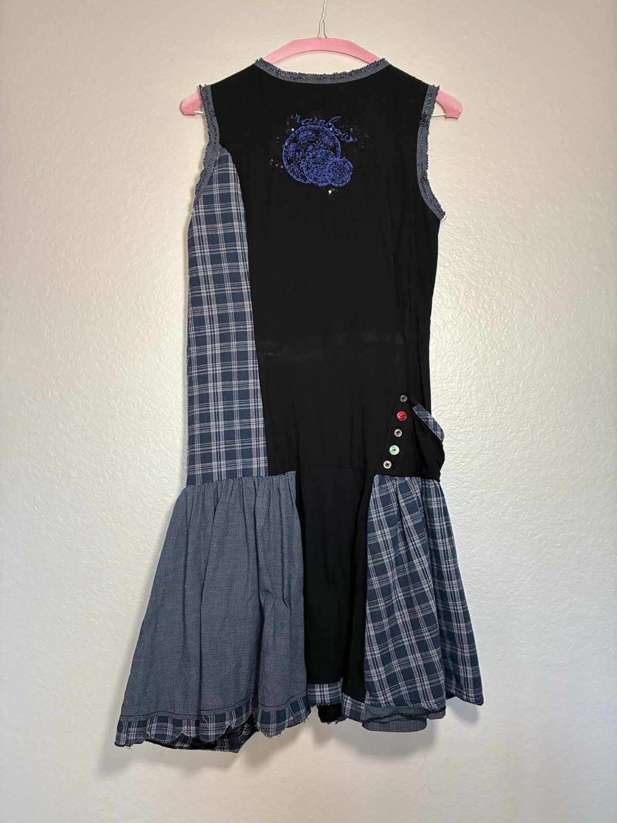 Desigual Plaid Patchwork Sleeveless A-Line Dress Size M Blue/Black Zip Pockets