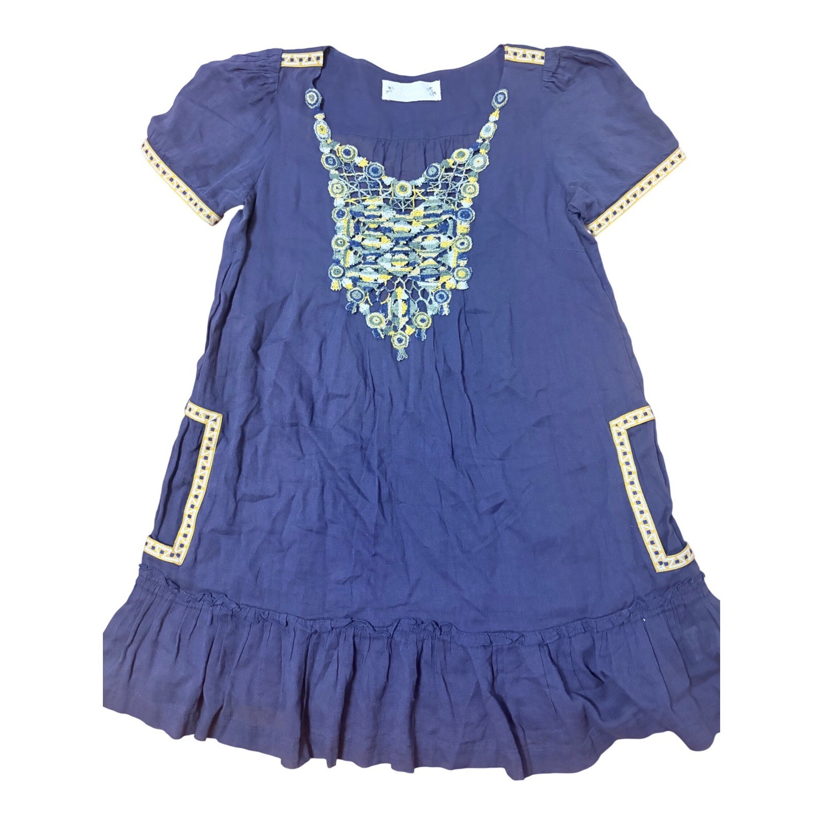 Velvet Embroidered Boho Dress Blue Short Sleeve Ruffle Hem Size S Cottagecore