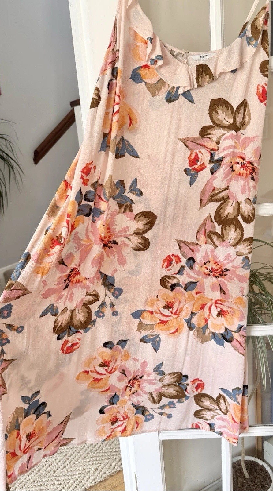 Next Pink Peach Floral Print Ruffle Strappy Midi Summer Sun Dress Size 22-24