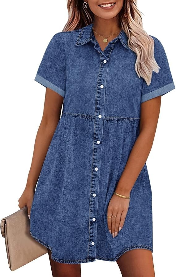 Chouyatou Denim Women’s Babydoll Tiered Short Sleeve Button Down Jean Size M