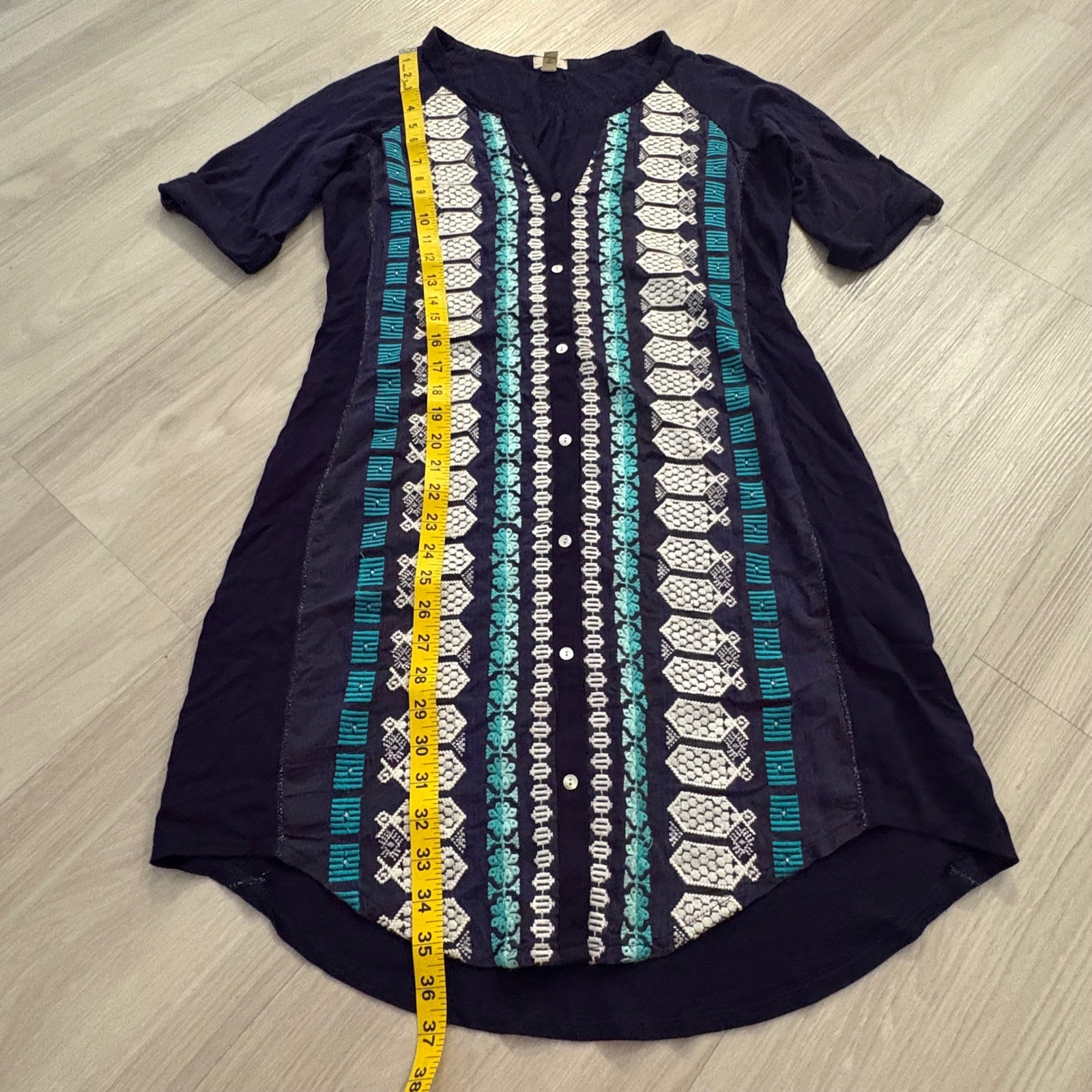 TINY Dress Women Anthropologie Navy Blue Embroidered Boho Shift Short Sleeve L