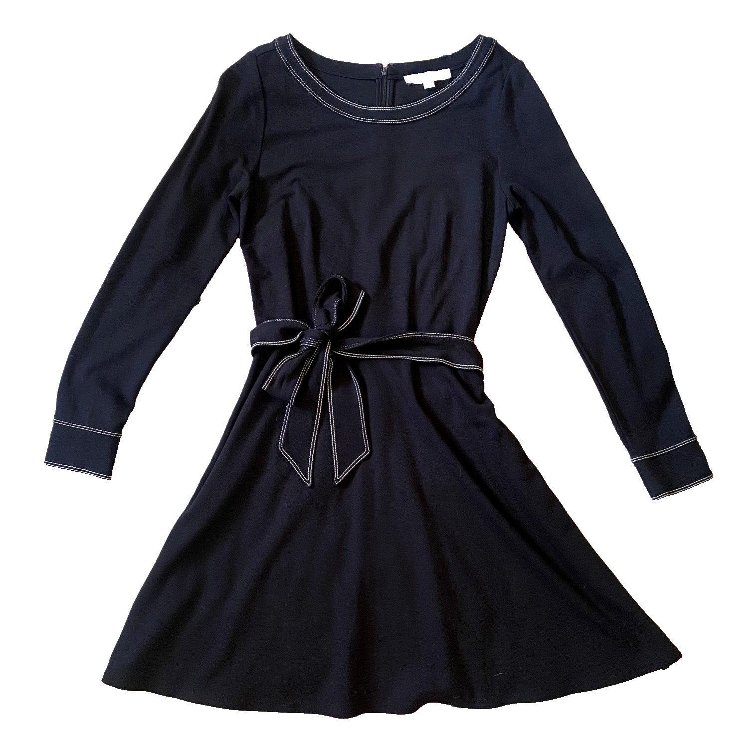 Minimalist Quiet Luxury LOFT Black Dress Long Sleeve Tie Waist Contrast Stitch 6