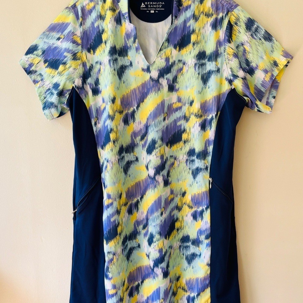 Bermuda Sands Plus 2X Golf Stretch Midi Dress Blue UV Protection Zip Pockets