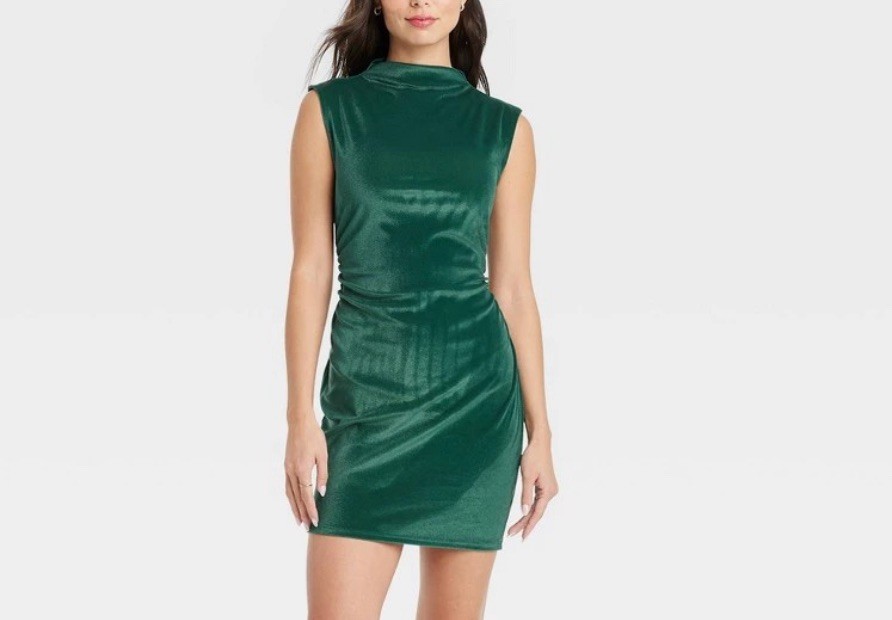 Women’s Elegant Mock Turtleneck Green Velvet Ruched Sleeveless Mini Dress Sz L