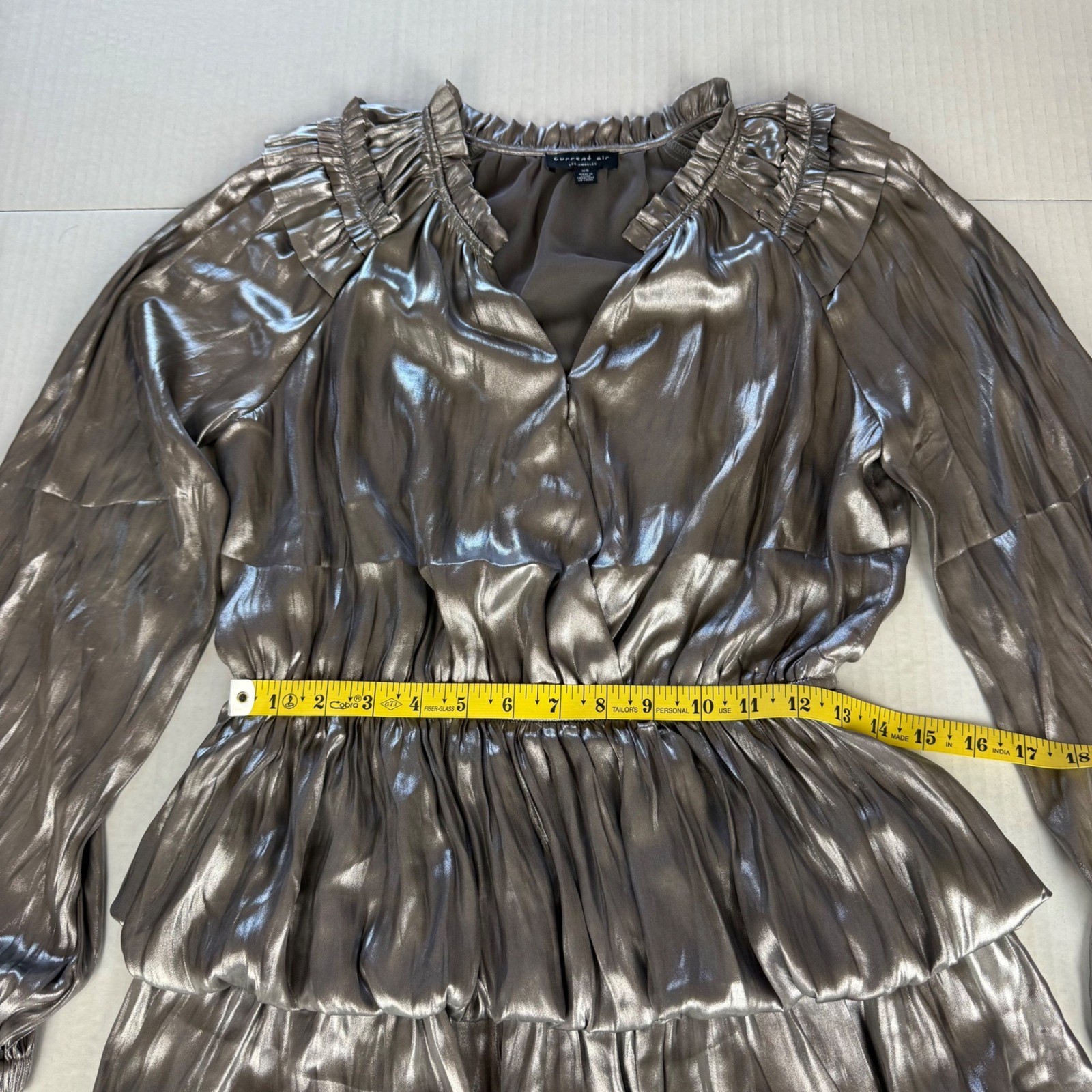 Current Air Los Angeles Silver Metallic Long Sleeve Ruffle Tiered Mini Dress XS