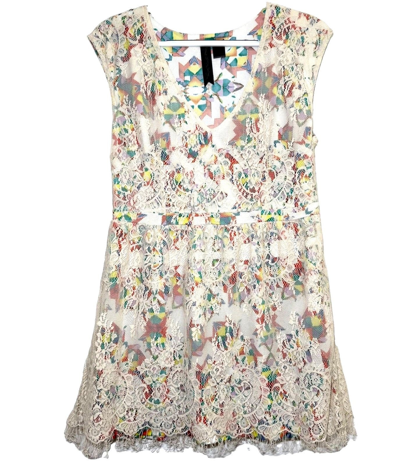 Petticoat Alley Lace Fringe Mini Dress L Ivory Multicolor Nylon Shell Boho