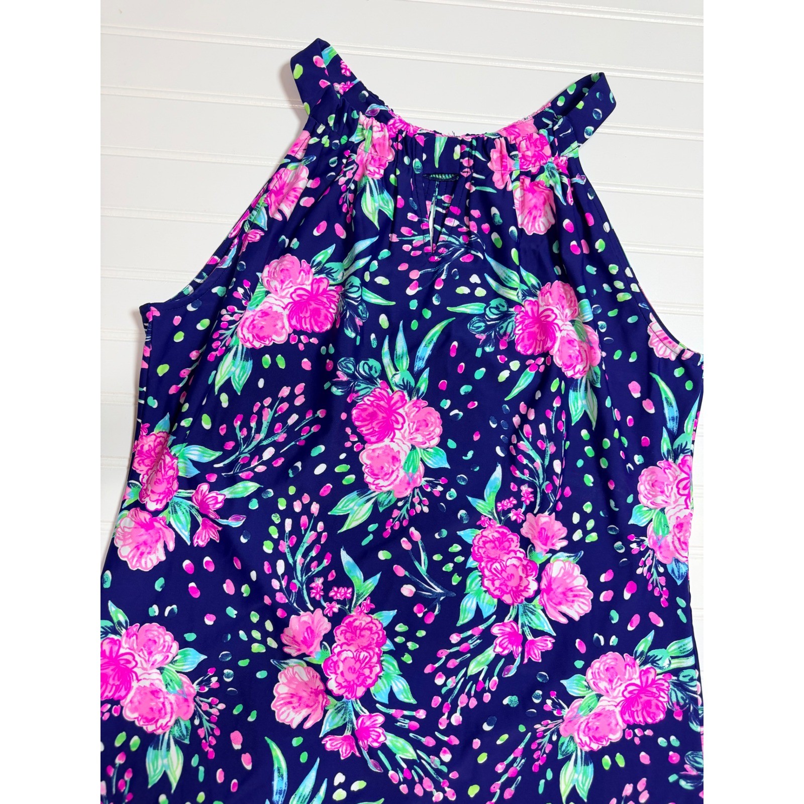Aryeh Womens Navy Blue Pink Floral Halter Neck A-Line Dress Size Large
