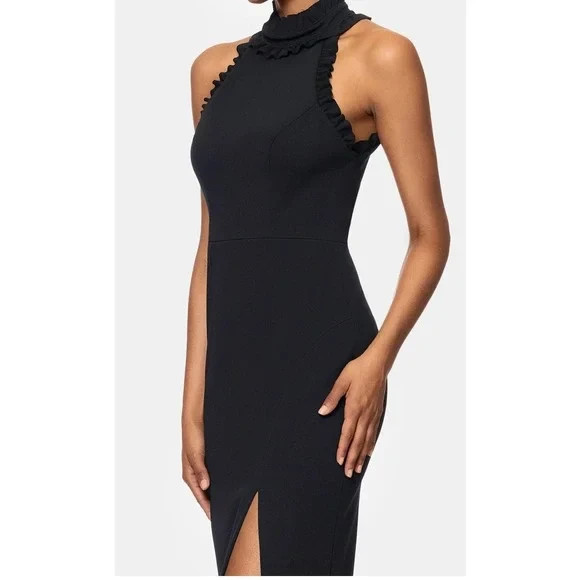 Xscape Black Halter Neck Ruffle Crepe Open Back Gown Size 8 $235