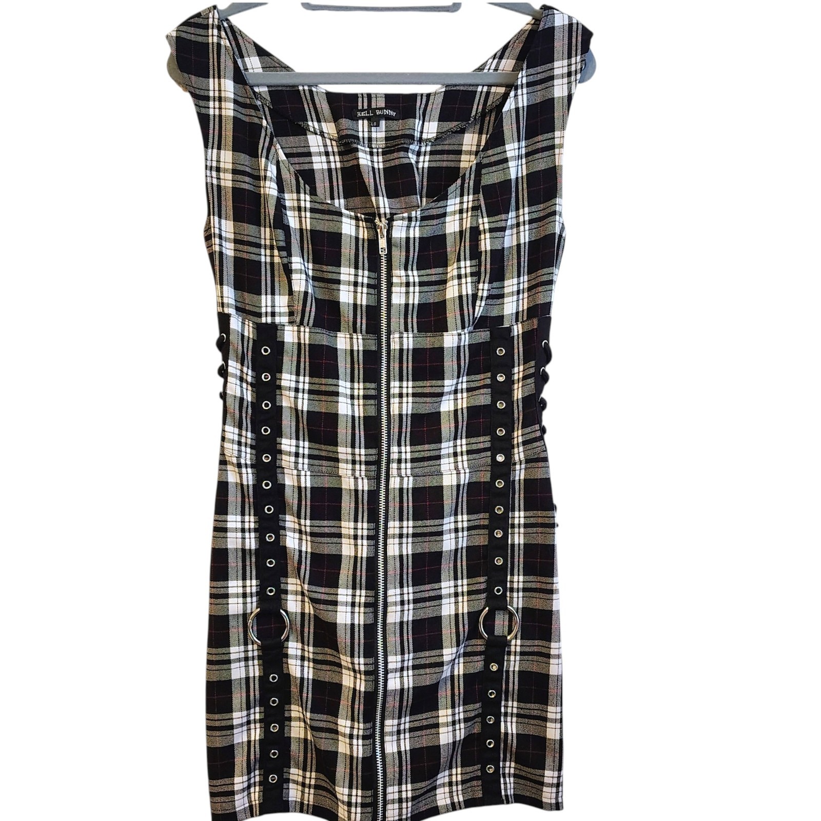 Hell Bunny Size Large Black White Plaid Corset Dress O-Rings Lace Up Sides Back