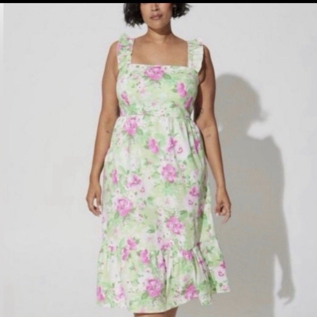 Torrid Green Pink Floral Square Neck Ruffle Strappy Sleeveless Midi Sundress