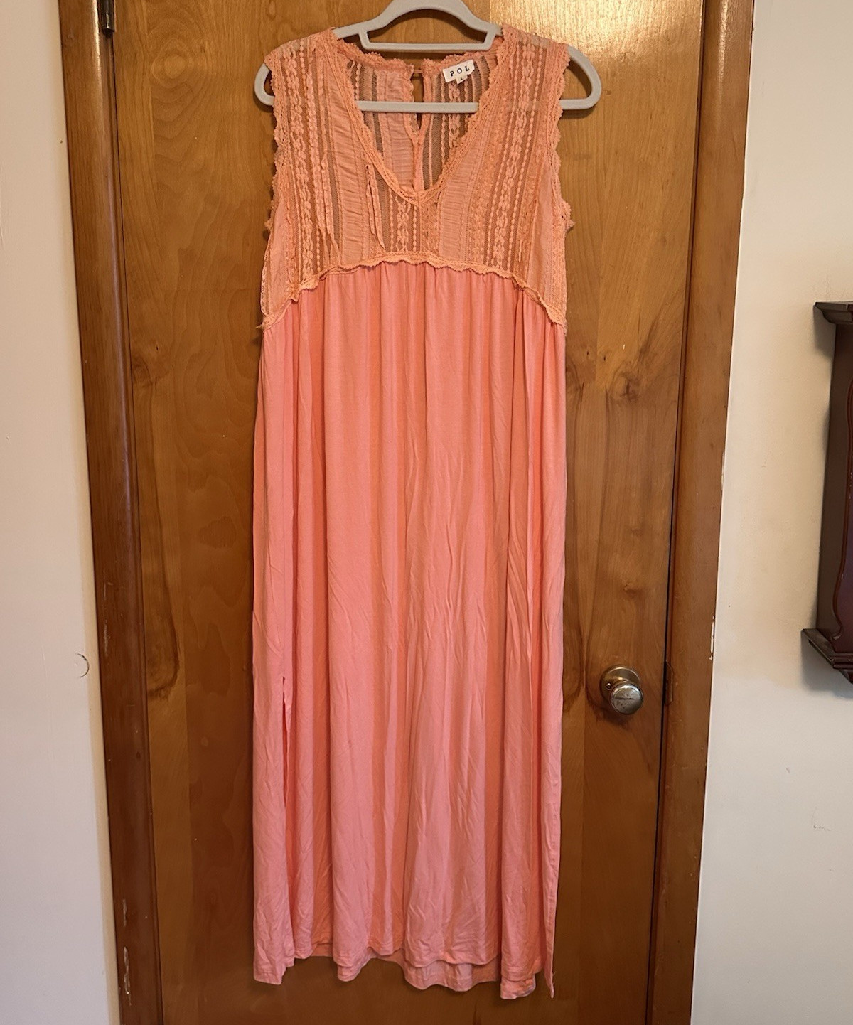 POL coral Pink Solid Lace Ruffle Maxi Dress Sleeveless V-Neck Pullover Size L