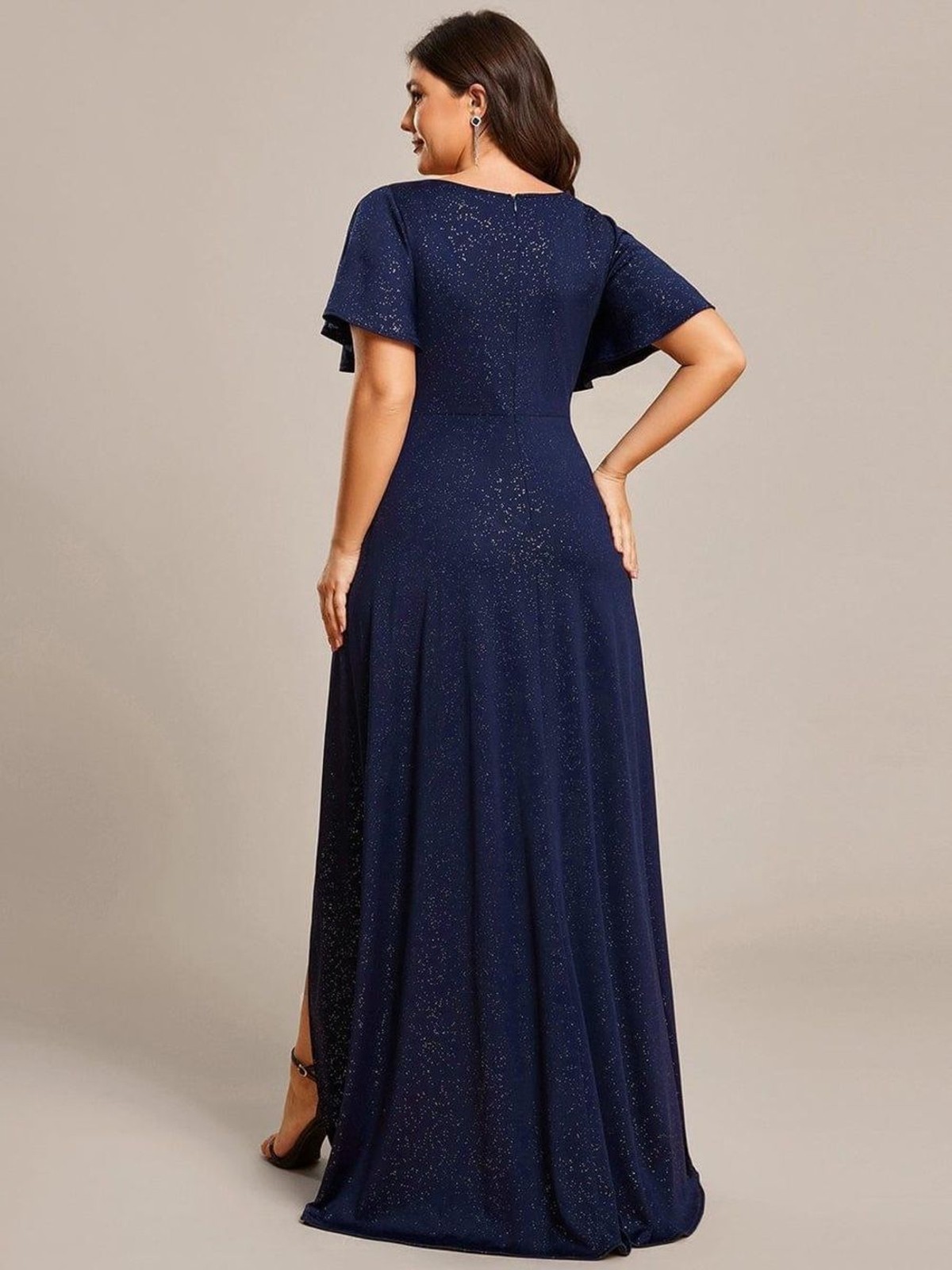 Pretty Melode Plus Size Glitter Ruffled High-Low Front Slit Evening Gown Dress