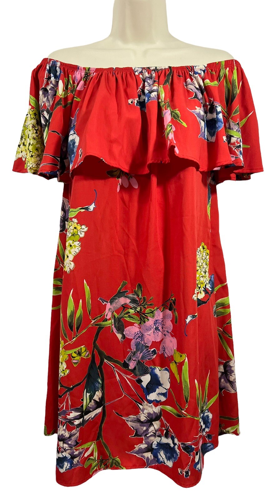 Promesa Small Dreaming of Sunshine Off The Shoulder Dress Floral Birds Red NWT