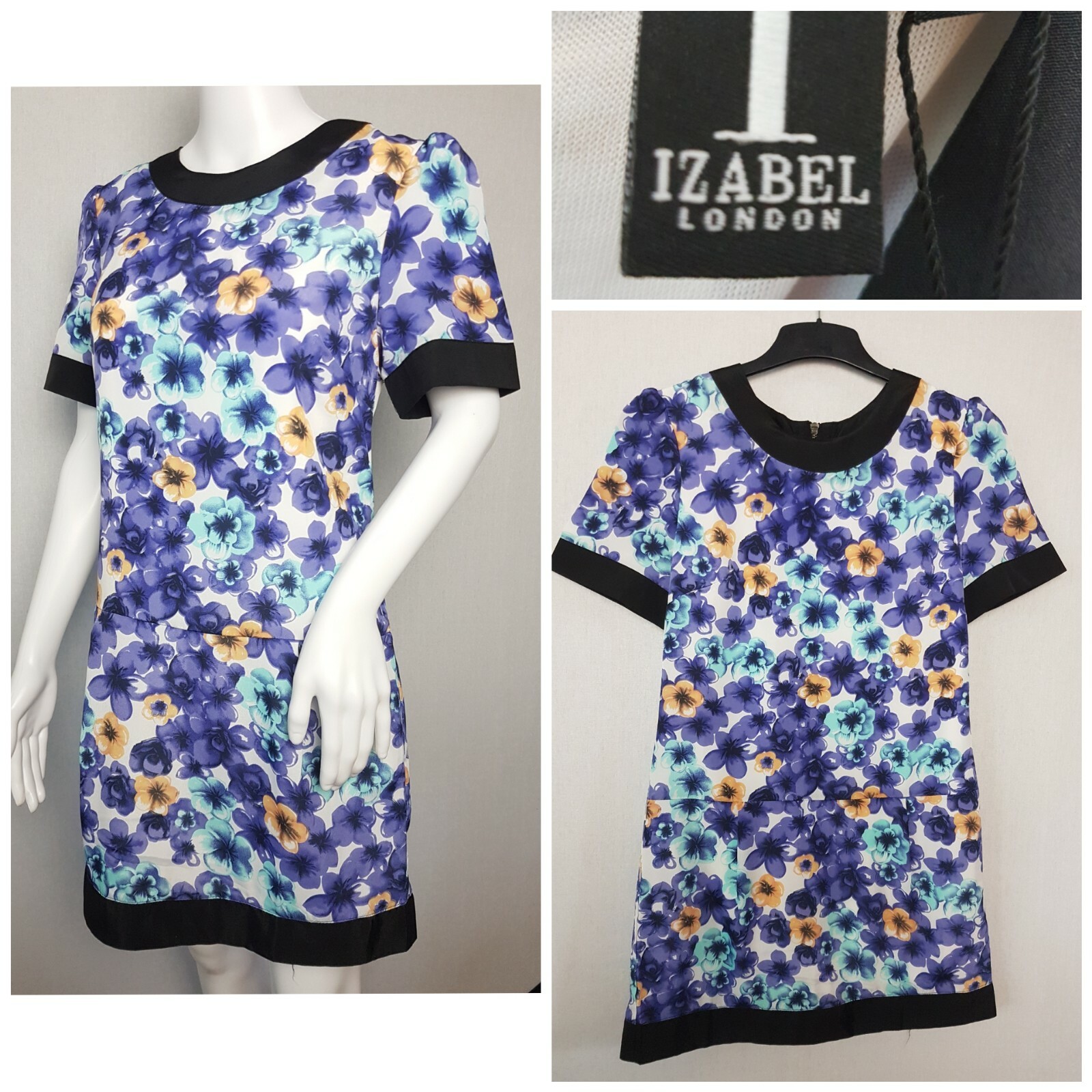 Izabel London Floral Dress Indigo Drop Waist Short Sleeves Size 8