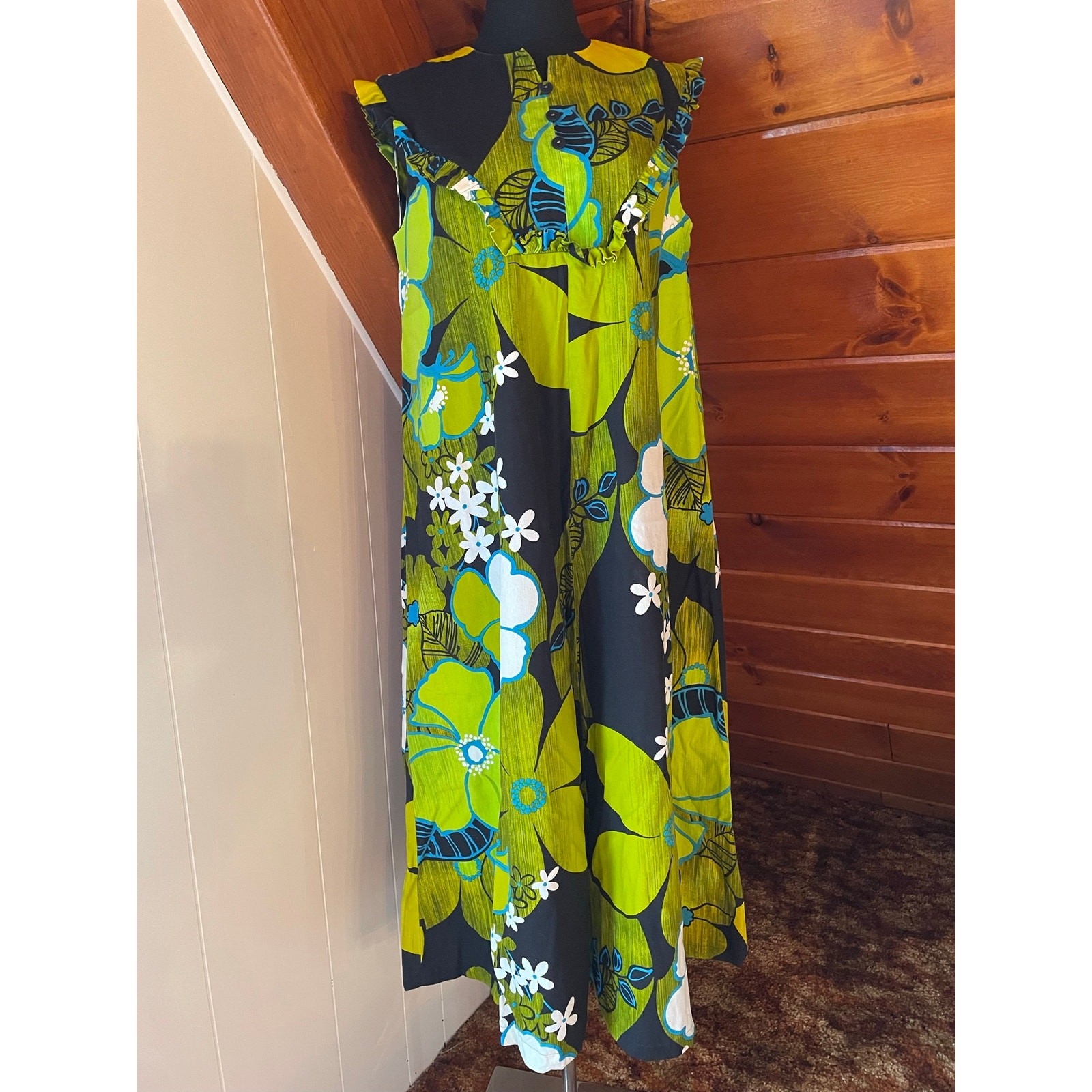 Vintage 60s/70s Barkcloth Green & Blue Hawaiian Frock Dress Kelii’s of Hawaii