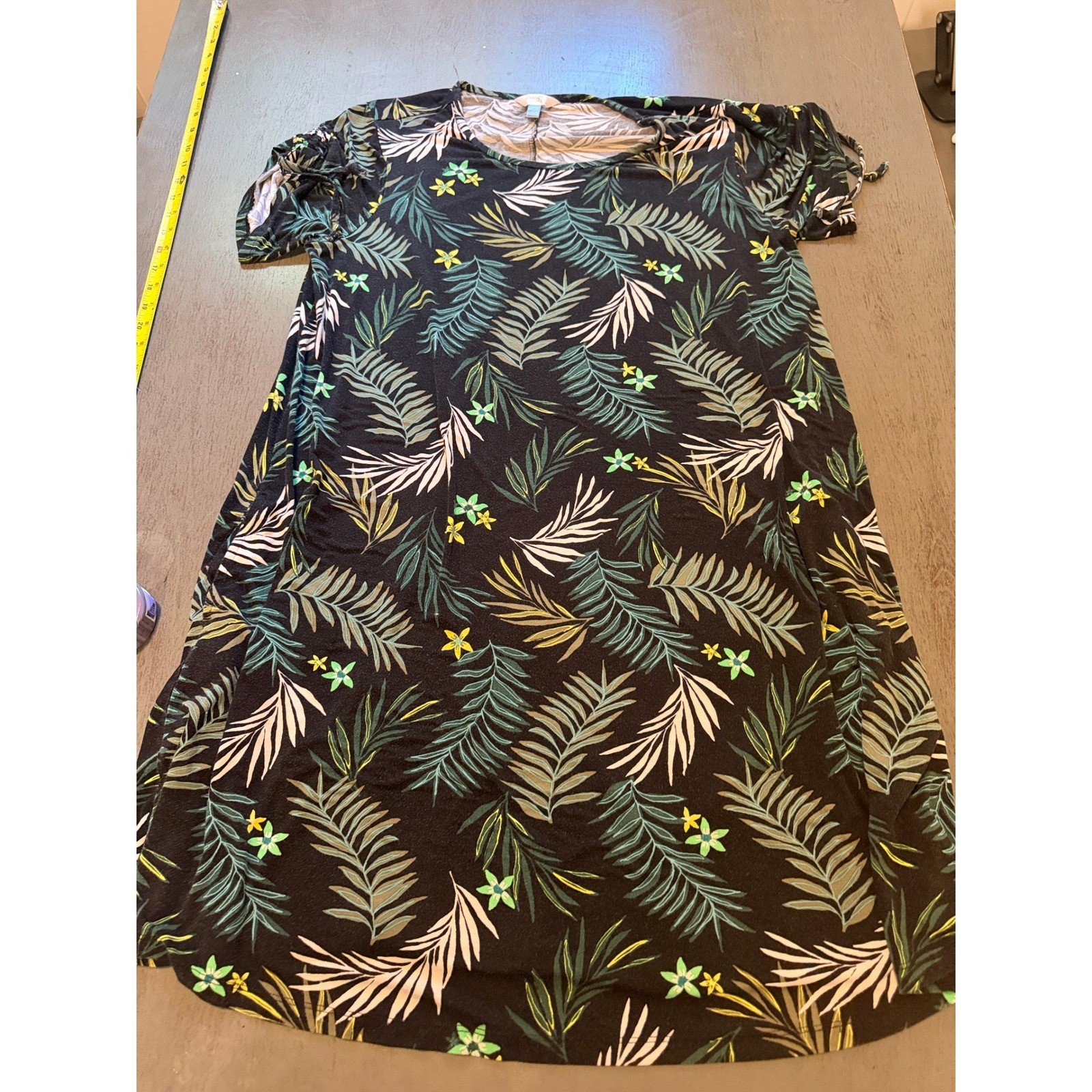 Terra & Sky Tropical Leaf Print T-Shirt Dress Black 1X 16W-18W TS29532PR
