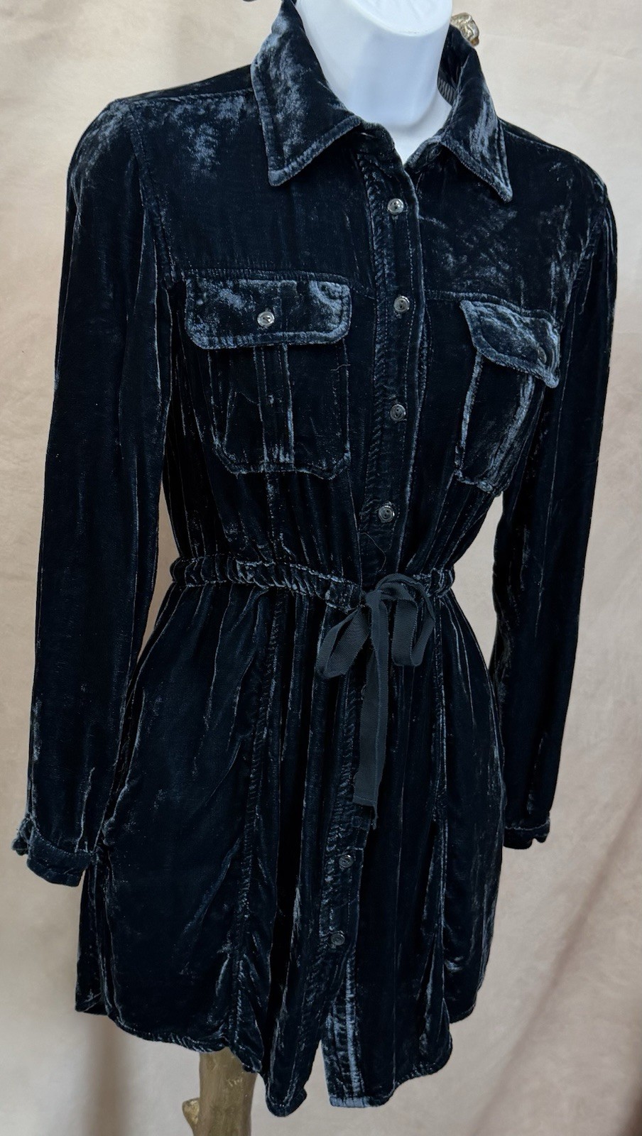 Coldwater Creek Blue Silk Blend Velvet Button Up Drawstring Dress Size XS (4)