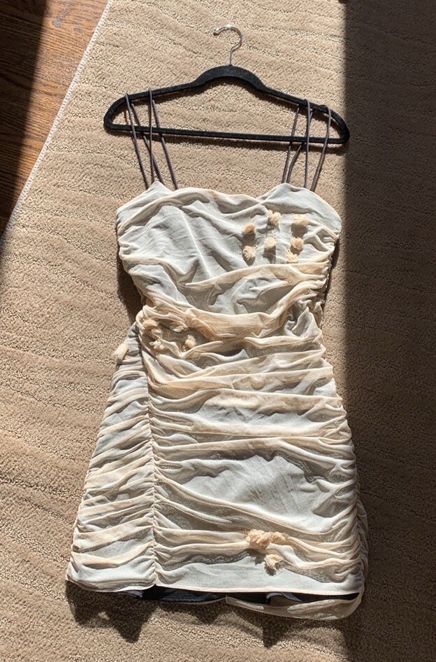 Zara Mesh Sleeveless Folds 3D Flower Mini Dress