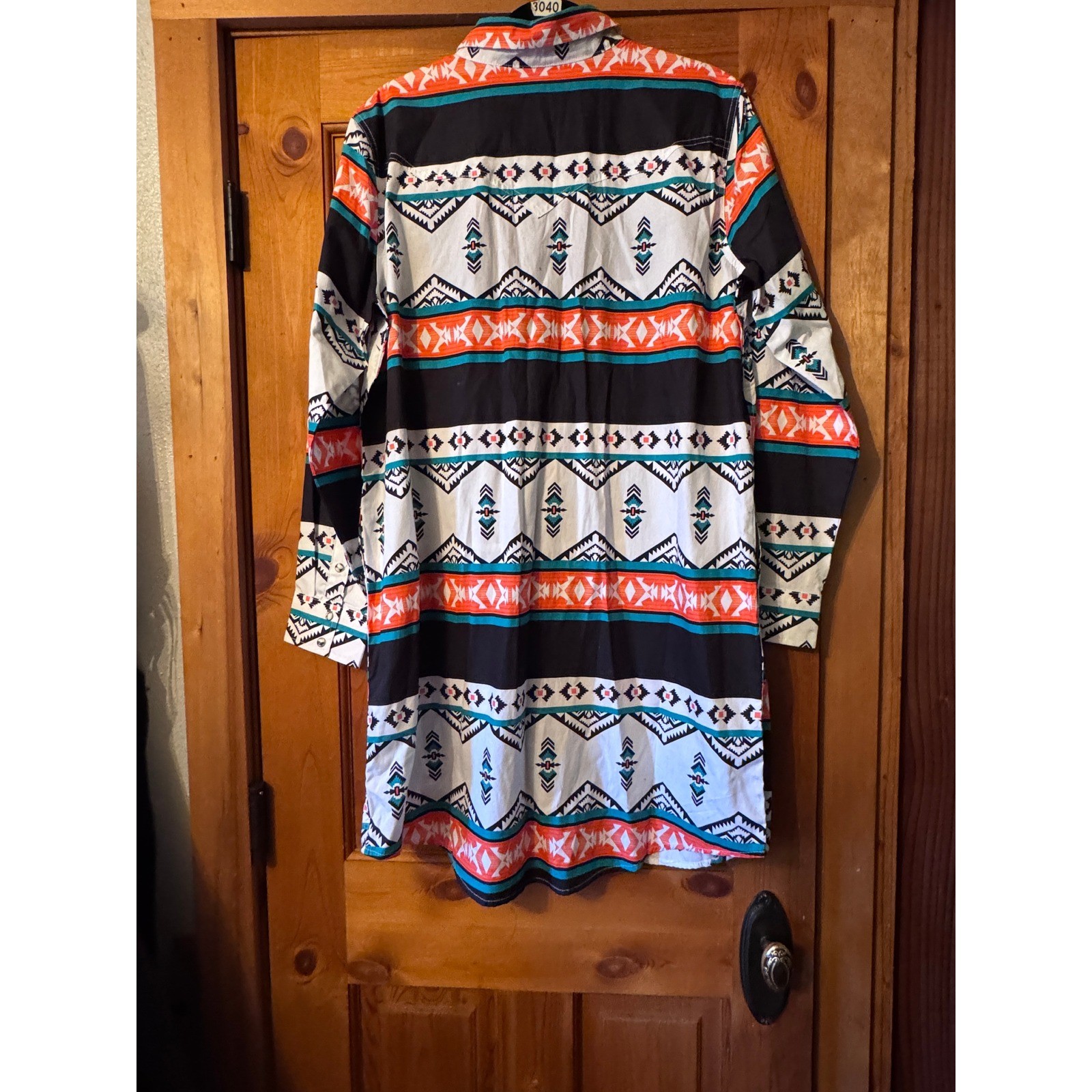 Wrangler Retro Southwestern Snap Front Western Shirt Dress Orange Teal L