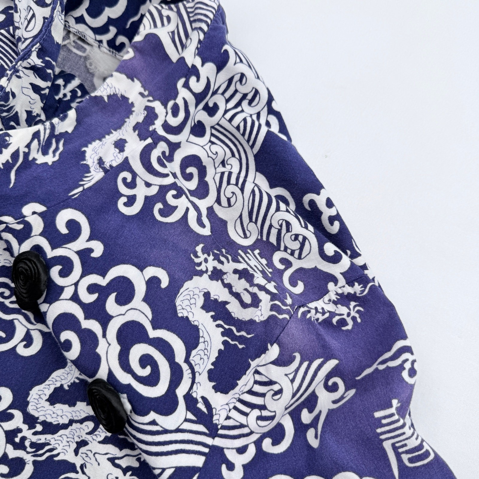 Vintage Chinese Style Maxi Dress Blue Dragon Print High Neck Asian Handmade