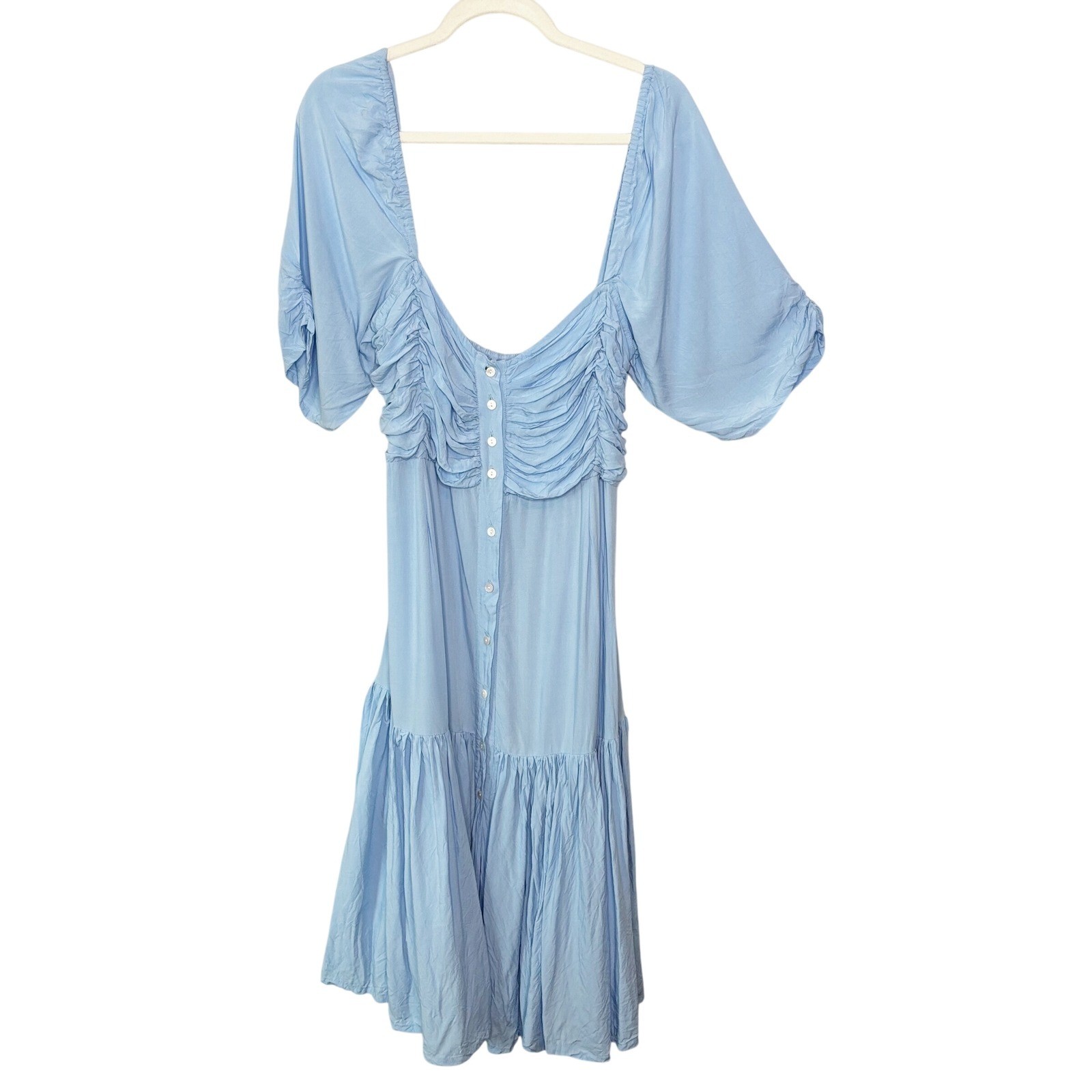 ELF Made By Hand Bali Blue Ruched Button Front Puff Sleeve Midi Dress Size XL