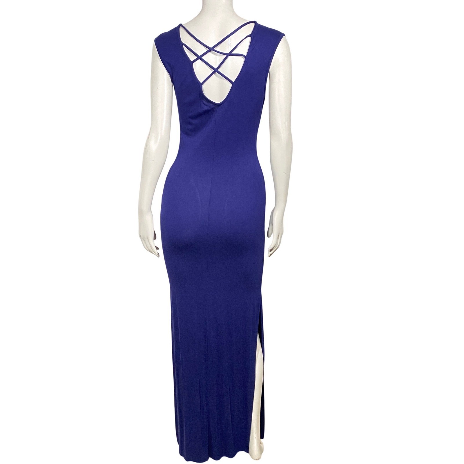 Blue Crisscross Back Maxi Dress Side Slits Stretch Size XS Bodycon Classy Sexy