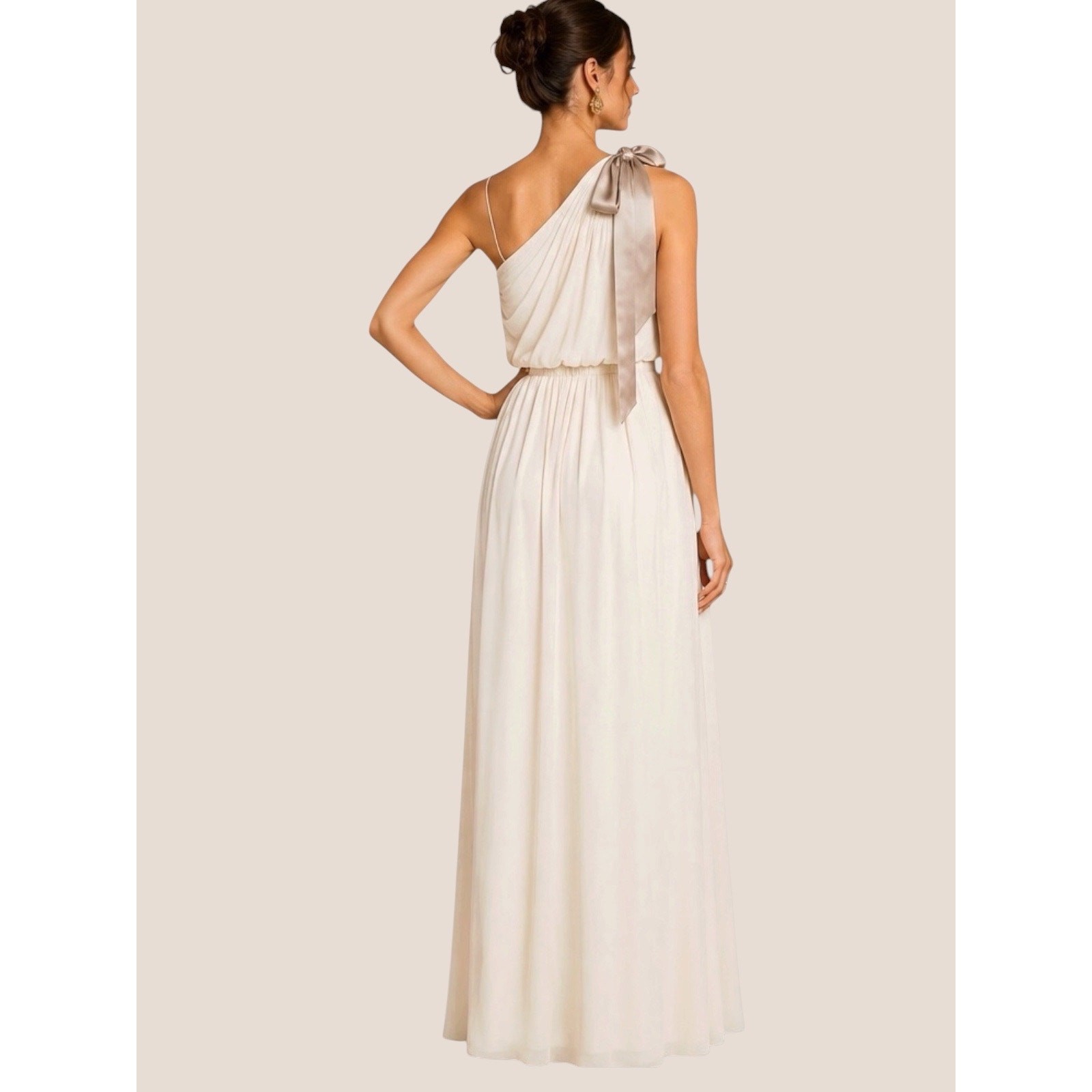 Needle & Thread Ivory Grecian One Shoulder Satin Maxi Gown Taupe Bow US 8
