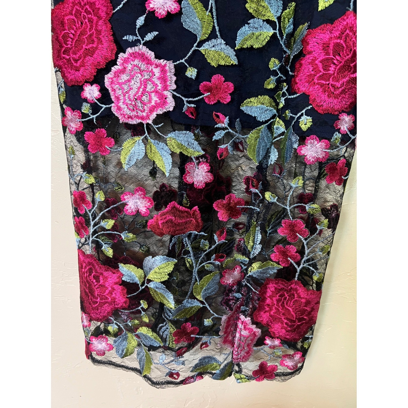 Sam Edelman Peony Embroidery Midi Dress Navy Floral Lace Slit Women 10 Whimsical