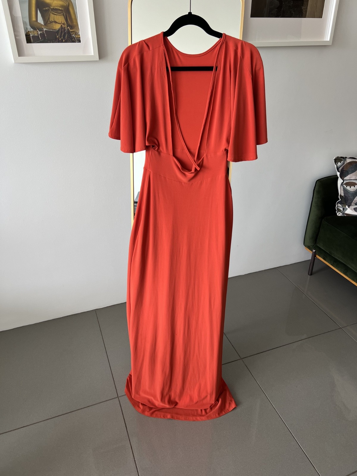Stunning Orange/Rust Maxi Dress with High Slit & Draped Sleeves – Elegant Gown