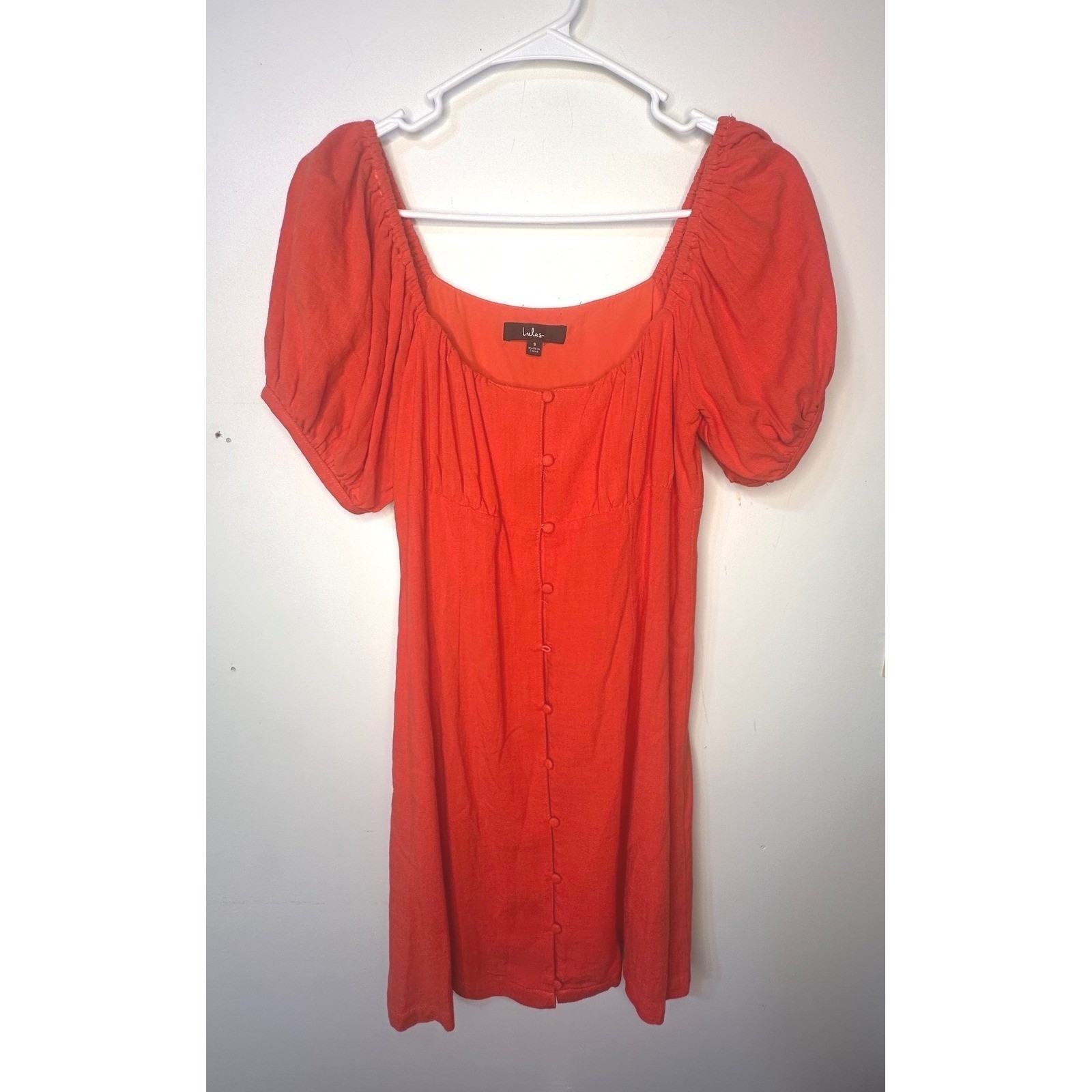 Lulus Mini Dress Women Size S Orange Red Excellent Puff Sleeve Button Front