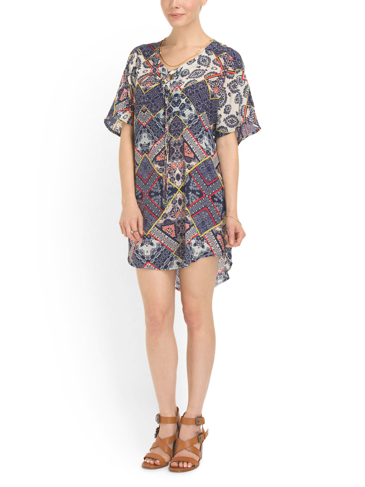 NWT Gypsy05 Bima Printed Silk Lace Front Dolman Sleeve Shift Mini Dress M $242