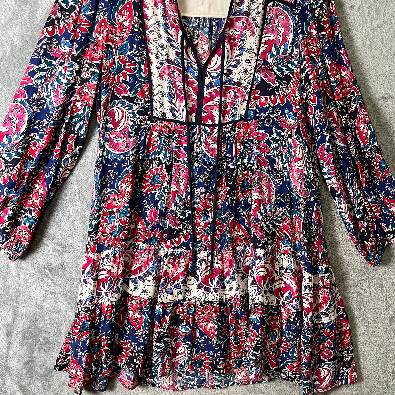 Anthropologie Spliced Tunic Dress Red & Blue Paisley Long Sleeve Medium Petite