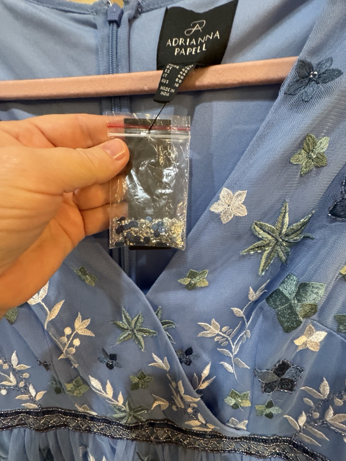 Adrianna Papell Beaded Tiered Mesh Dress Blue Womens Size 14 Floral Embroidered