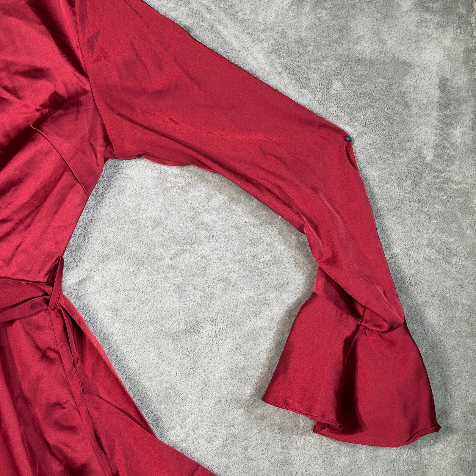SHEIN Burgundy Wrap Style Mini Dress M Bell Sleeve Ruffle Hem Tie Waist