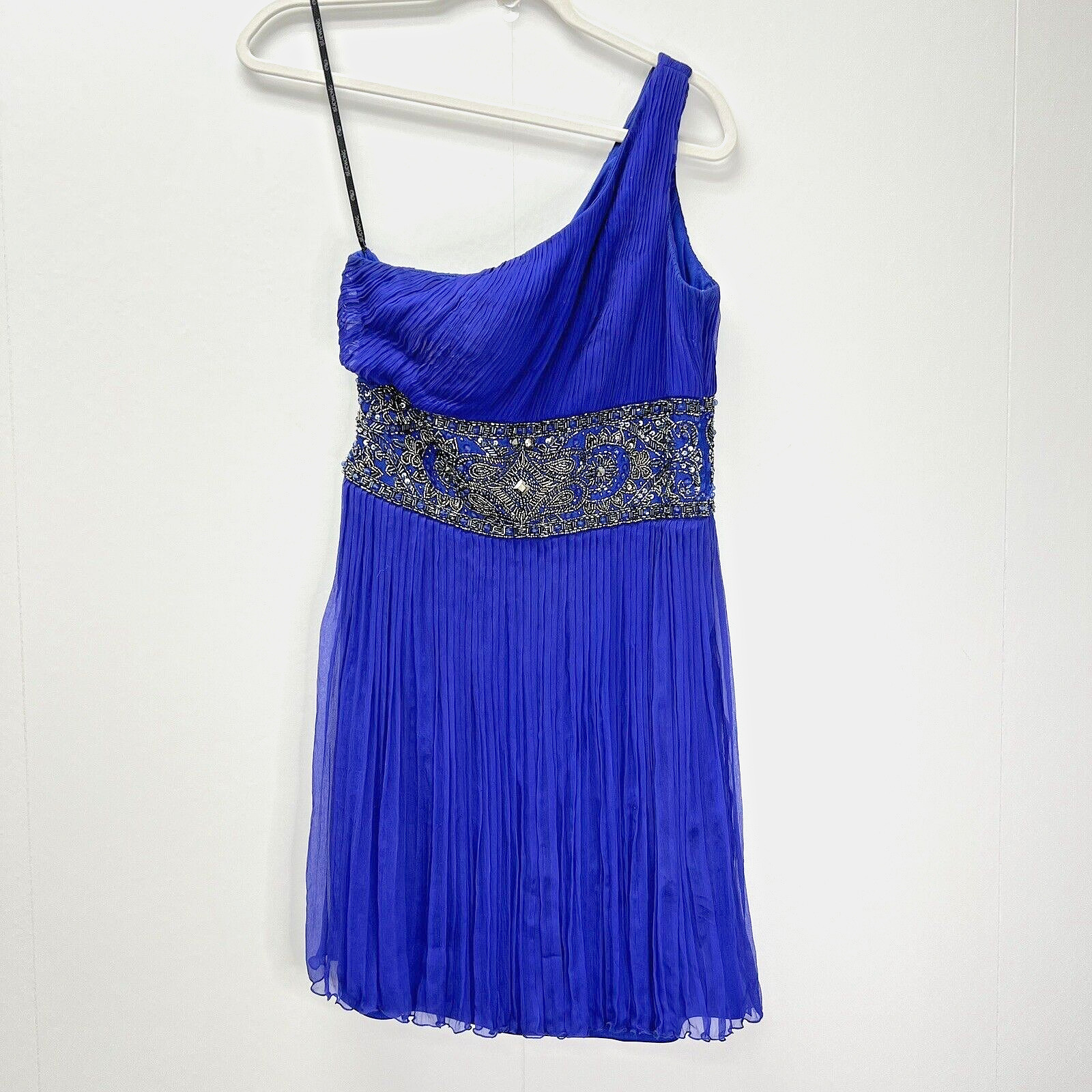 Sue Wong Nocturne Blue Silk Beaded Sequin Embellished One Shoulder Mini Dress 6